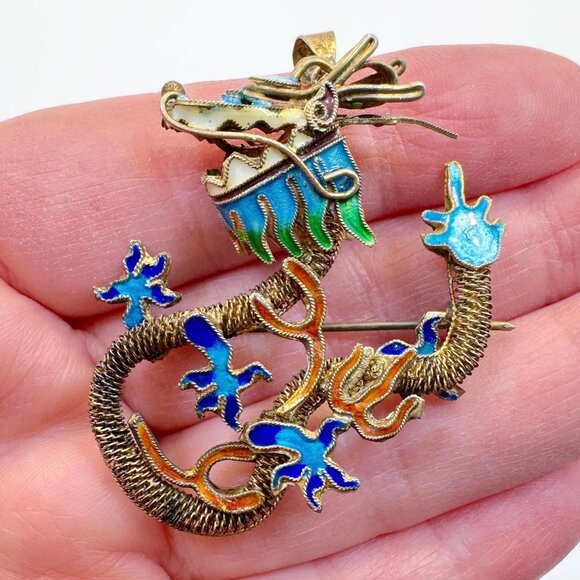 Chinese Export, Dragon, Brooch, Pendant, Enamel, Gold Gilt, Sterling, Vintage - Picture 2 of 4